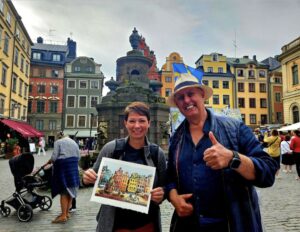 Jodi with an artist in Stockholm, Sweden